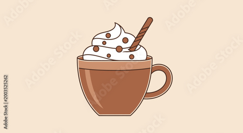 Illustrated mug of hot beverage with whipped cream and a straw