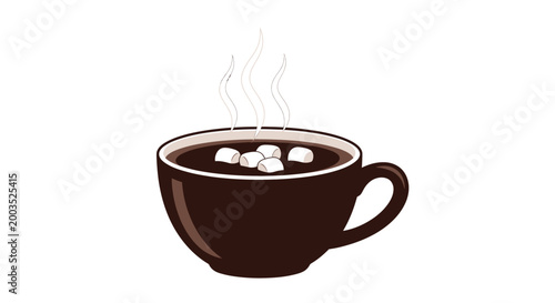 Steaming cup of hot chocolate with marshmallows against a white background