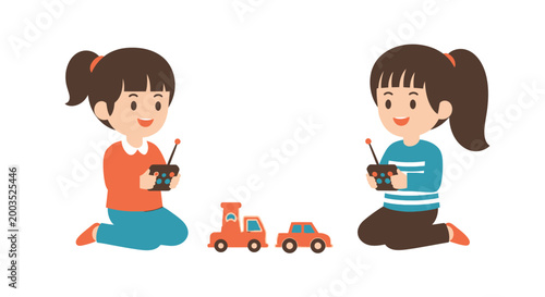 Two smiling children playing with toy train and car isolated on white background
