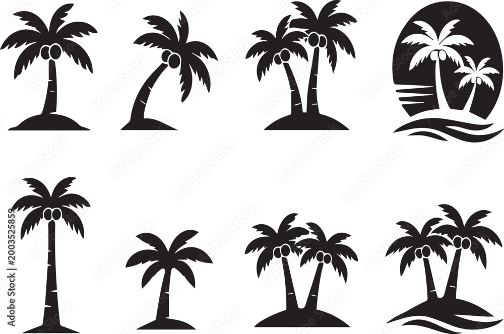 Fototapeta premium Collection of palm tree silhouettes on transparent background for design