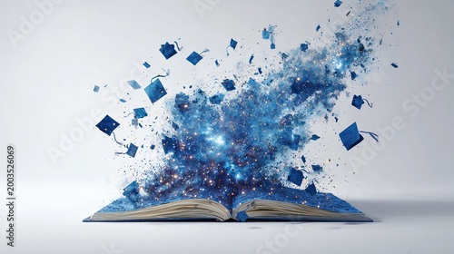 : Graduation caps flying out of an open book like birds, symbolizing freedom and education.