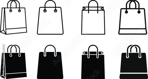 Collection of shopping bags black and white vector illustration