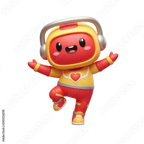 Happy cartoon astronaut dancing with headphones