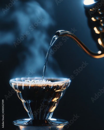 Steaming hot water pouring from a gooseneck kettle into a glass coffee dripper with grounds.
