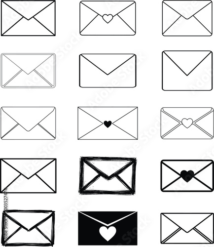 Envelope Letter Icon Vector Set Black Outline Heart Mail Message Clipart