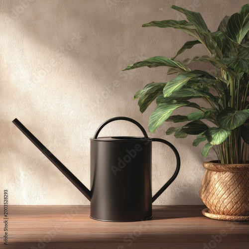 Still Life with Black Watering Can and Potted Plant on Wooden Surface