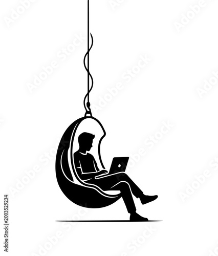 Black and white silhouette illustration of a man working on a laptop in a suspended egg-shaped chair.