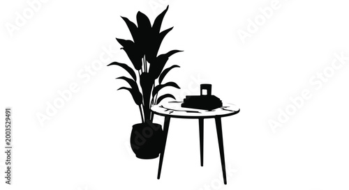 Minimalist home decor with potted plant and coffee cup on side table in modern simple living room