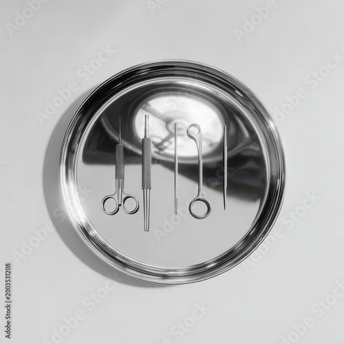 Surgical Instruments on Silver Tray, Monochrome Medical Tools Still Life
