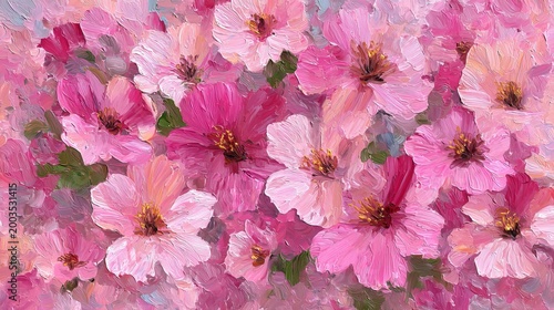 Art background features abstract pink flowers painted by hand in an impressionistic style, showing color texture and brush strokes.