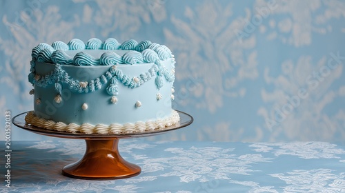 Old-fashioned wedding cake, sky blue, with playful frosting.