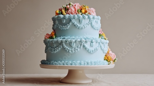 Old-fashioned wedding cake, sky blue, with playful frosting.