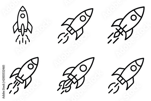 Rocket line icons set startup launch spaceship space shuttle flying project business growth fly speed exploration & more vector illustration with editable stroke.