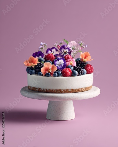 Vibrant Berry Cheesecake with Edible Flowers on Pink Background