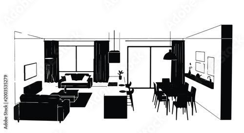 Modern living room and kitchen interior design with furniture and appliances in black and white illustration style