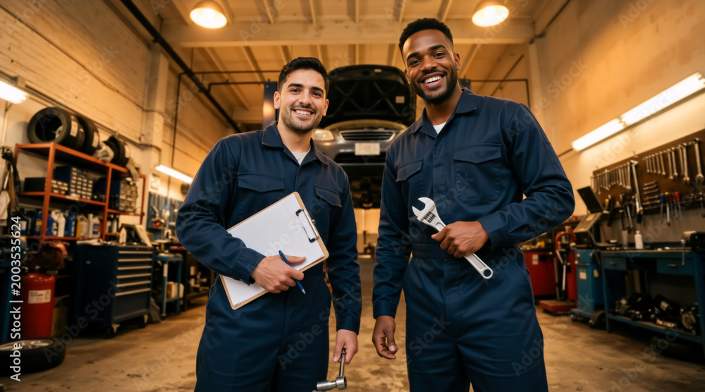 Fototapeta premium Diverse auto mechanics smiling at camera in repair shop. Caucasian man holding clipboard and Black man holding wrench standing in garage with car on lift. Automotive service and maintenance teamwork
