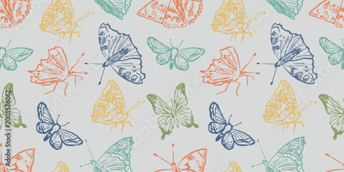 Seamless colorful pattern with hand-drawn butterflies. Repeatable banner for textiles, nursery decor, and stationery. Hand drawn vector sketch illustration in vintage doodle crayon charcoal style