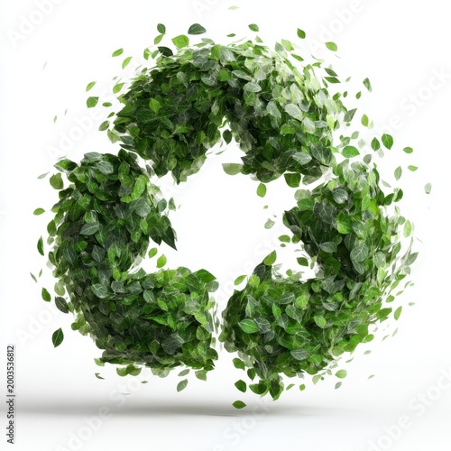 Vibrant Green Leaves Forming a Dynamic Recycling Symbol on a Clean White Background