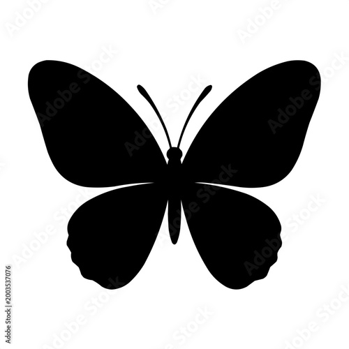 Black butterfly silhouette with open wings on white background  