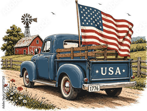 Bild auf Leinwand Vintage USA Truck with American Flag 1776 Rural Scene