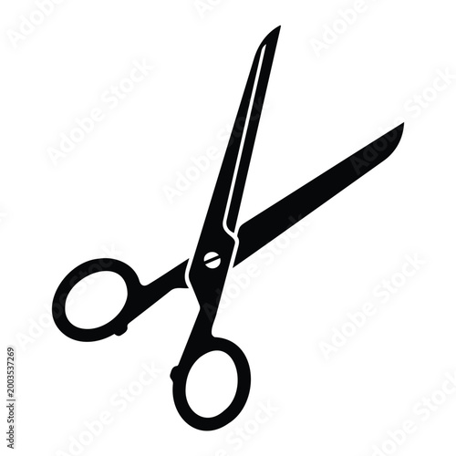 Open sharp scissors tool for tailoring and handicraft supplies vector illustration silhouette.