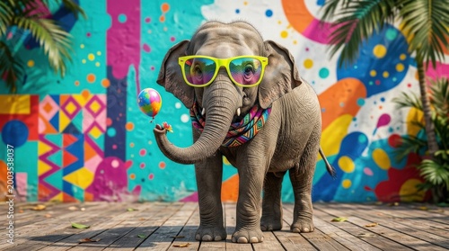 Elephant wearing sunglasses in a creative portrait, playful animal concept with bold attitude, bright styling and humorous charm, ideal for fun, pop art and campaign visuals, clean composition, crisp