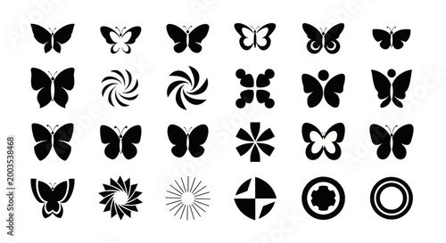 Black butterfly and abstract symbol collection