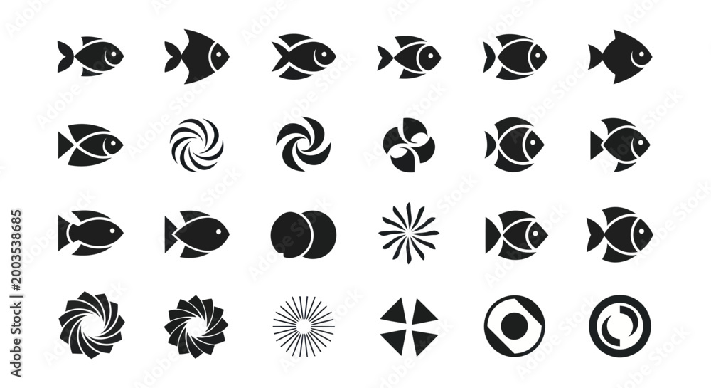 Fototapeta premium Black fish icons and abstract design elements