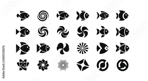 Black fish and spiral icon set