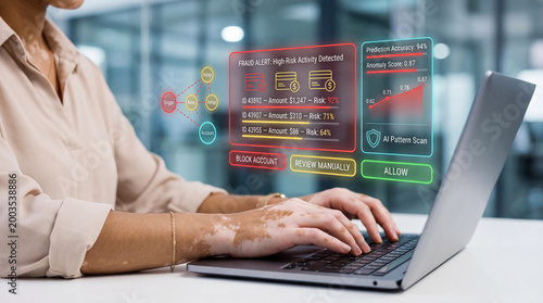 Woman with vitiligo using AI fraud detection software interface showing fraud alert on laptop for financial transaction monitoring and anomaly scan