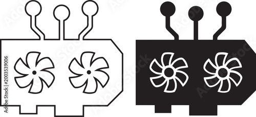Innovative Technology Icon: A conceptual black and white graphic depicting a modern, high-performance graphics processing unit (GPU), symbolizing technological advancement and computational power.