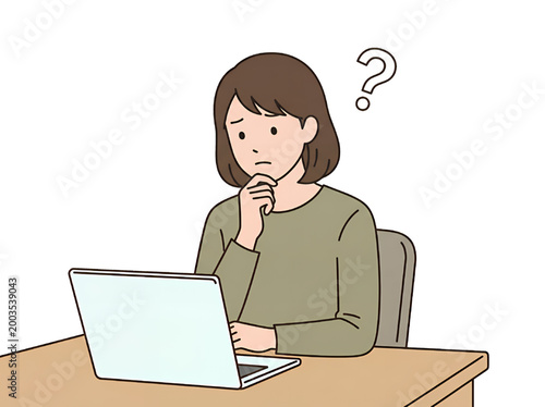 ノートパソコンの画面を見ながら悩み事や疑問を抱えて考える日本人の女性