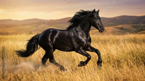 Majestic dark horse galloping through a golden field, wildlife or character concept, expressive detail, strong commercial appeal, balanced composition, soft natural light, realistic texture, crisp