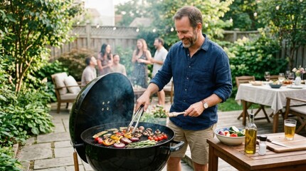 Man grilling vegetables on a backyard patio, outdoor cooking lifestyle scene with healthy food on the barbecue, summer gathering, home entertaining and leisure concept, casual atmosphere, natural