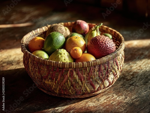 Vibrant tropical fruits in a woven basket on a rustic wooden surface, bathed in warm sunlight.