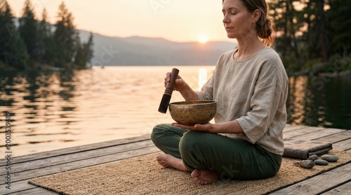 Meditation with a Tibetan singing bowl at sunset, mindful wellness scene for spa branding, yoga campaigns and spiritual lifestyle storytelling, serene hands, warm light and peaceful ritual atmosphere,