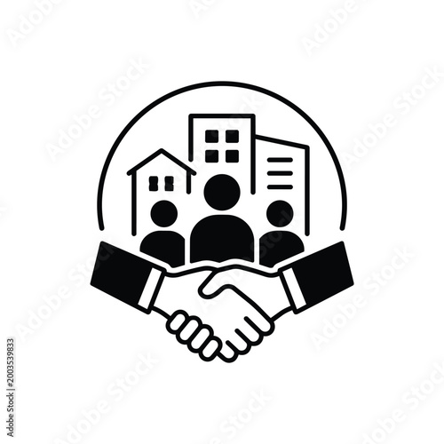 Community partnership handshake icon with community partnership handshake and city people for Social Governance cooperation