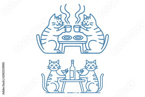 Cute Cats Dining Together Line Art Illustration