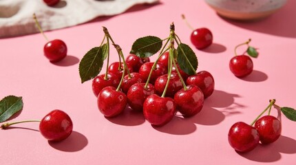 Fresh cherries casting shadows on a pink background, vibrant fruit still life for summer food advertising, healthy snack branding and seasonal editorial use, glossy red produce with playful sunlight