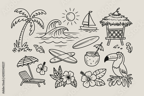 Tropical Beach Vacation Doodle Illustration Set Bundle
