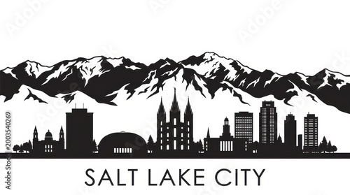Black and white skyline silhouette of Salt Lake City featuring mountains and Temple Square architecture. Minimal, no people. Bottom: 