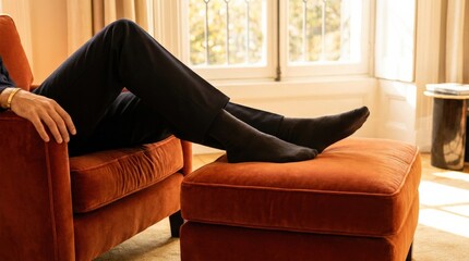Elegant leg rest on a velvet orange sofa, fashion detail with luxurious texture, modern editorial styling, warm rich tones, realistic fabric and skin detail, polished stock appeal, no logos