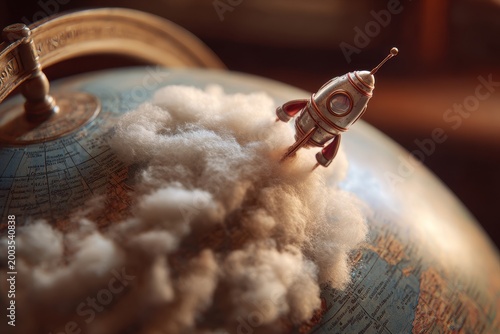 Vintage Rocket Launching from Detailed World Globe with Billowing Smoke