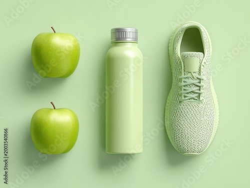 Green Apples, Water Bottle, and Running Shoe on Light Green Background