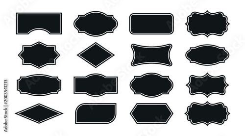 Black silhouette labels collection for business branding and decorative text box elements.