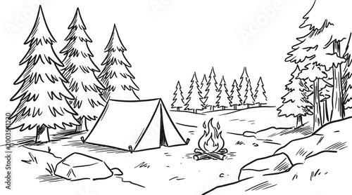 Camping scene with a tent and campfire in the forest