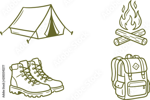 Camping and hiking equipment icons set