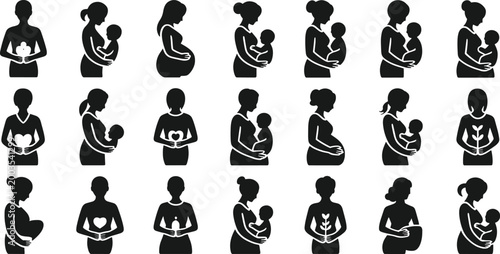 Silhouettes of pregnant women and mothers with babies
