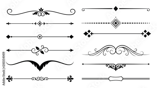 Set of decorative dividers and borders in black and white ornate floral and geometric styles.