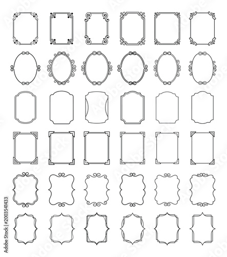 Set of decorative frames and page borders for graphic design projects in linear style art.